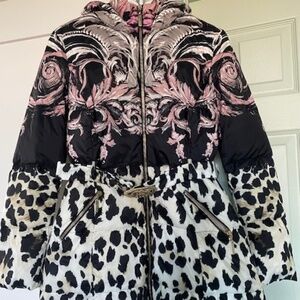 Roberto Cavalli Black and Pink Puffer Jacket with Bold Patterns